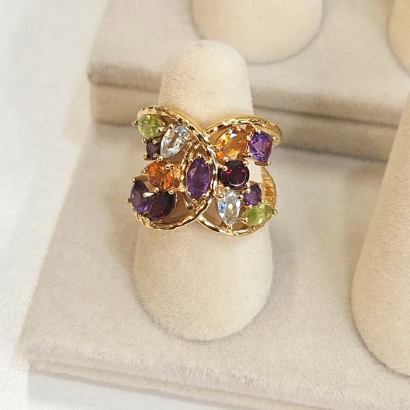 Sterling Silver Vermeil Gold Multicolor Gemstone Cluster Ring Size 6 US